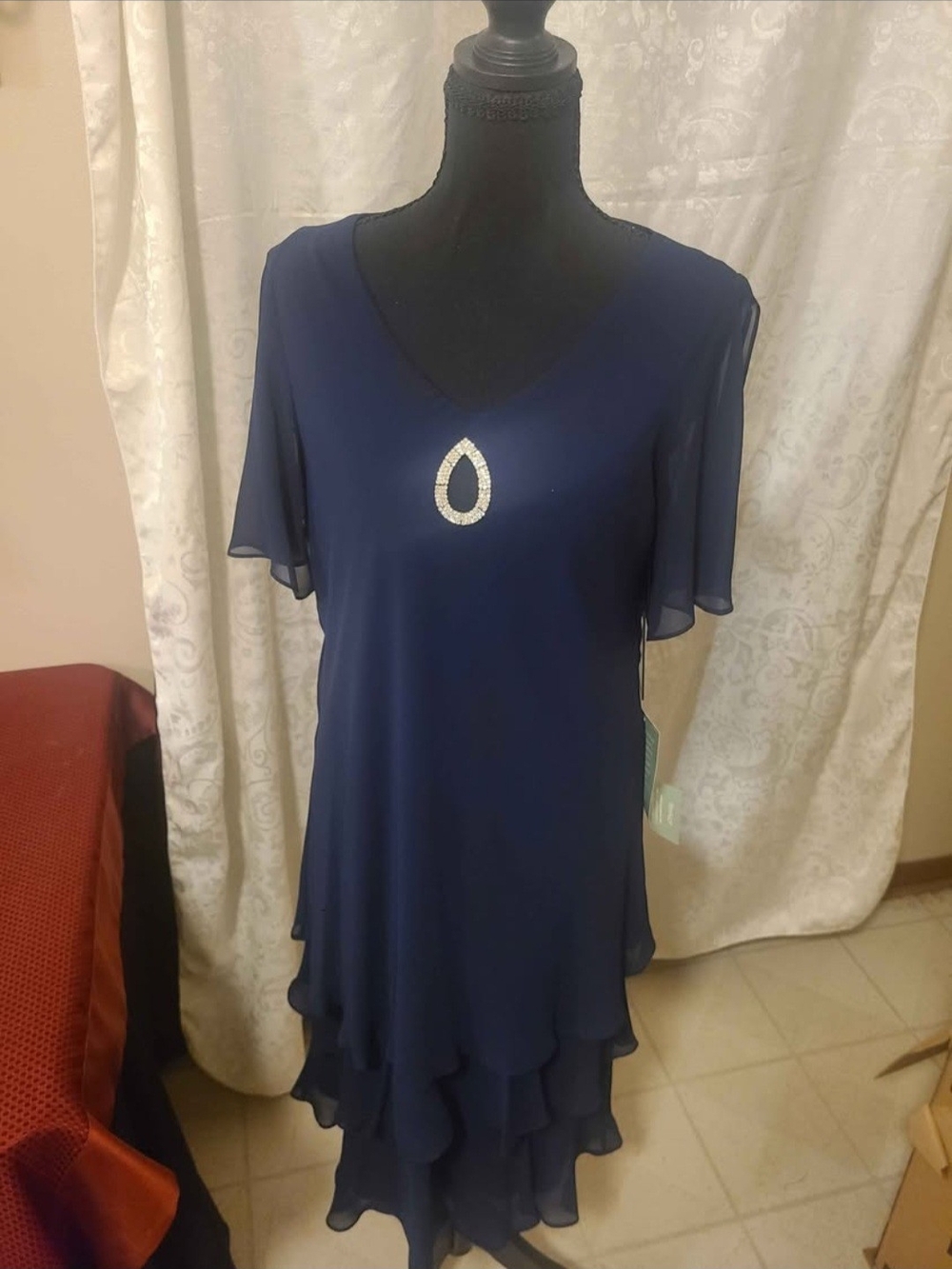 Onyx Nite Navy Tiered Chiffon Midi Dress with Rhinestone Teardrop